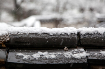 View of the snow on the tiled wall-roof