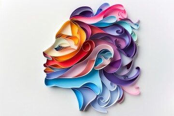 woman head, paper illustration, multi dimensional colorful paper cut craft
