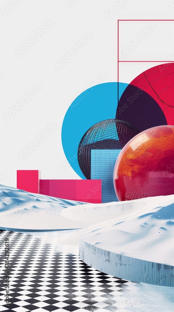 Poster a symphony of multicolored objects dancing on a checkered canvas