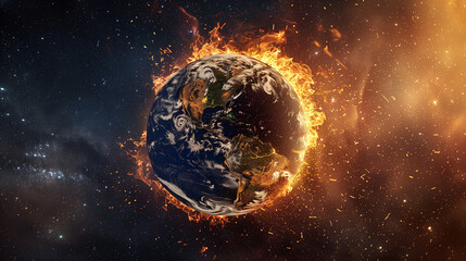 Global Warming Concept: Planet Earth with Fiery Effect Illustration - obrazy, fototapety, plakaty