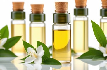 Essential aromatic oil with jasmine on white background,jasmine flowers,beauty industry