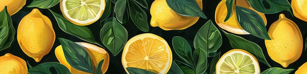 Seamless pattern of lemons and leaves, lemon slices and green leaves. A print for fashion accessories like aprons or t-shirts in the style of tropical motifs.