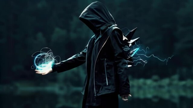 A sorcerer in black robes levitates, hands wielding swirling magical energy in glowing turquoise. White smoke-like aura emanates around the figure. 