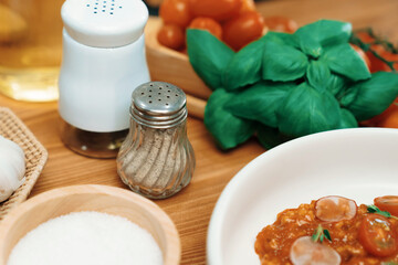 Health food's ingredients of special menu homemade cooking oil, radish, garlic, salt, oregano,...