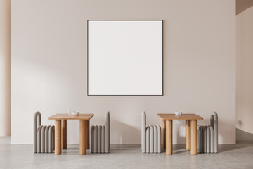 Stylish beige restaurant interior with seats and tables, mockup frame - obrazy, fototapety, plakaty