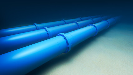 Fototapeta premium A series of large blue pipes designed for transportation of gas or oil, set against a dark blue background, illustrating industrial infrastructure. 3D Rendering