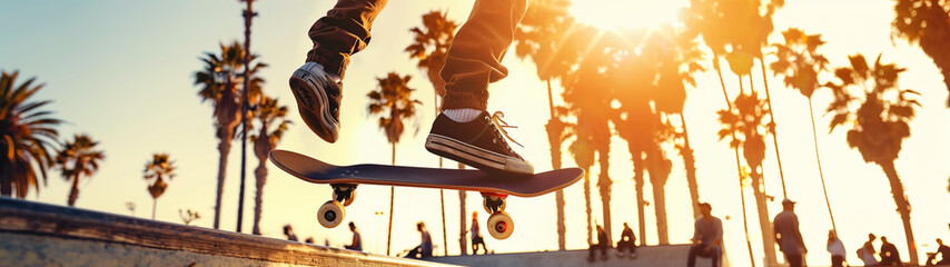 Skateboarder Performing Trick at Sunset on Coastal Promenade with Palm Trees