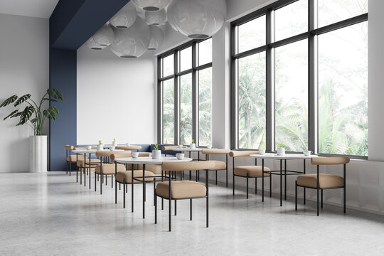 Cafe interior with chairs and table in row, eating space with panoramic window