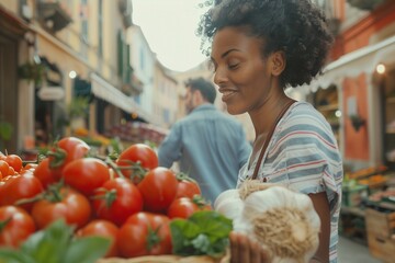 A close-up view captures a young, beautiful black female customer shopping for fresh, natural vegetables for a Mediterranean dinner