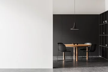 Foto op Plexiglas Modern dining room interior with a wooden table, black chairs, and a pendant lamp. Black and white background, minimalist concept. 3D Rendering © ImageFlow