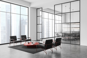 Modern office lounge with black chairs, a red table, and a large window overlooking a cityscape, with a spacious, light environment. 3D Rendering