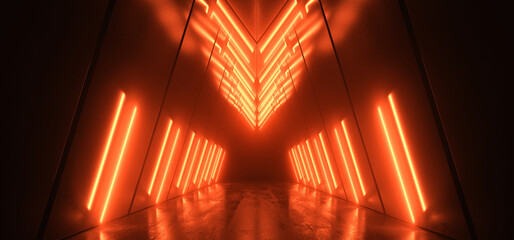 Cyber Triangle Neon Laser Glowing Dark Sci Fi Futuristic Yellow Lights Tunnel Corridor Cement Concrete Spaceship Parking Underground Background Warehouse 3D Rendering - 784293284