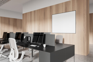 Modern office interior with empty poster on wall, contemporary furniture and clean design, concept of a professional workspace. 3D Rendering - obrazy, fototapety, plakaty