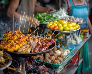 Obraz premium A street food vendor, enveloped in aromatic smoke, grills skewered meats and vegetables expertly on a busy street.