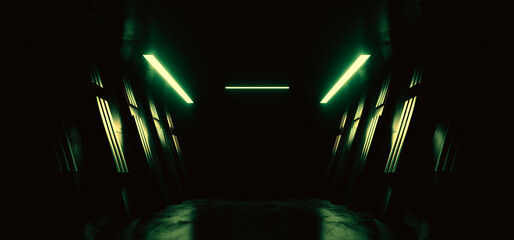 Dark Futuristic Modern Sci Fi Corridor Tunnel Spaceship Alien Underground Glowing Led Concrete Floor Glossy Metal Cyber Showroom 3D Rendering