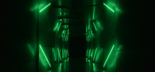 Green Sci Fi Neon Glowing Modern Futuristic Laser Electric Cyber Lights Tunnel Hangar Corridor Concrete Cement Hallway Dark Spaceship Asphalt 3D Rendering