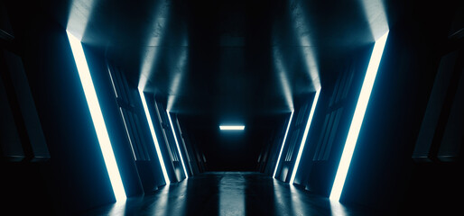 Futuristic Modern Sci Fi Corridor Tunnel Spaceship Alien Underground Glowing Led Blue White Concrete Floor Glossy Metal Cyber Showroom 3D Rendering