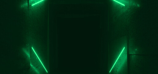 Green Sci Fi Neon Glowing Modern Futuristic Laser Electric Cyber Lights Tunnel Hangar Corridor Concrete Cement Hallway Dark Spaceship Asphalt 3D Rendering - 784293477