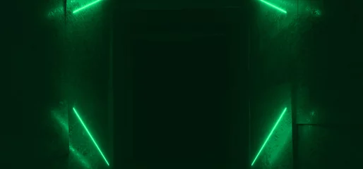 Green Sci Fi Neon Glowing Modern Futuristic Laser Electric Cyber Lights Tunnel Hangar Corridor Concrete Cement Hallway Dark Spaceship Asphalt 3D Rendering © IM_VISUALS