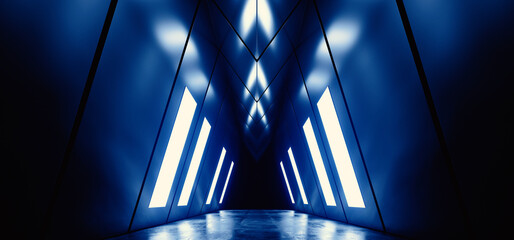 Triangle Glowing Dark Sci Fi Futuristic Led Blue Light Tunnel Corridor Cement Concrete Spaceship Parking Underground Cyber Background Warehouse 3D Rendering