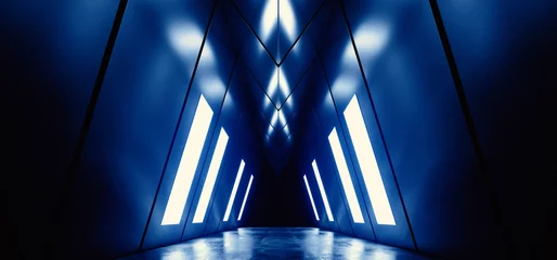 Triangle Glowing Dark Sci Fi Futuristic Led Blue Light Tunnel Corridor Cement Concrete Spaceship Parking Underground Cyber Background Warehouse 3D Rendering © IM_VISUALS