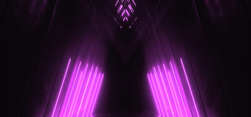Cyber Triangle Neon Laser Glowing Dark Sci Fi Futuristic Purple Lights Tunnel Corridor Cement Concrete Spaceship Parking Underground Background Warehouse 3D Rendering - 784293624