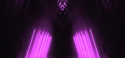 Cyber Triangle Neon Laser Glowing Dark Sci Fi Futuristic Purple Lights Tunnel Corridor Cement Concrete Spaceship Parking Underground Background Warehouse 3D Rendering © IM_VISUALS