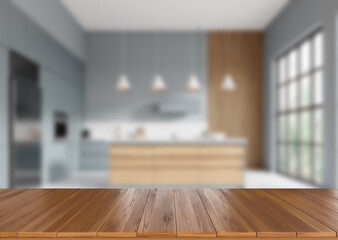 Wooden countertop on background of kitchen interior with window. Mockup