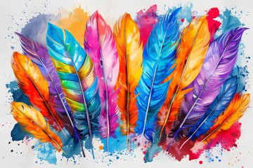 colorful watercolor feathers used as background - 784293681
