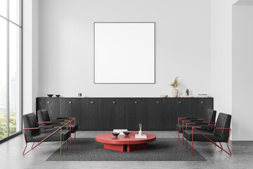 Stylish office interior with armchairs and sideboard, window and mockup frame