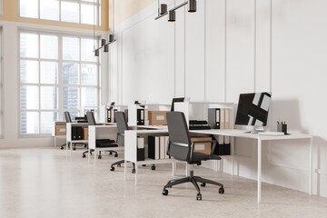 Modern business room interior with pc desktop on table, panoramic window