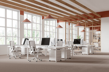 Stylish office interior with coworking and glass conference room near window