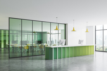 Green office interior reception desk and glass coworking, panoramic window