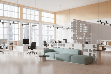 Cozy business office interior with chill and coworking zone, panoramic window