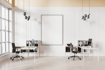Cozy business interior with desks in row and panoramic window. Mockup frame