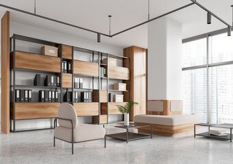 Business lounge zone interior with armchair and sofa, panoramic window