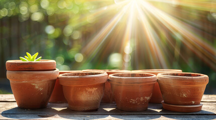 Sunlight streaming over terracotta plant pots outdoors.