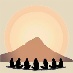Fototapeta premium Silhouettes of Women Sitting Together Outdoors on a Spiritual Retreat Watching the Sun Setting Behind a Mountain