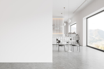 Stylish cafe interior with bar counter and eating table, window. Mock up wall