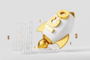 Rocket on platform with ICO symbol, initial coin offering