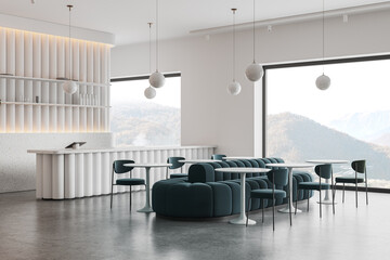Stylish restaurant interior with eating tables and soft place, panoramic window