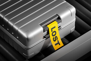 Close up of metal suitcase on conveyor belt with yellow lost sticker
