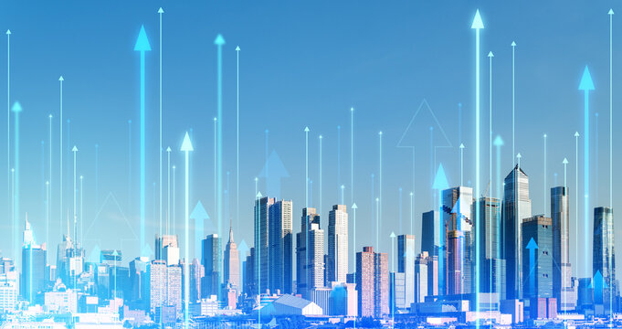 New York skyline and growing arrow lines, smart city connection