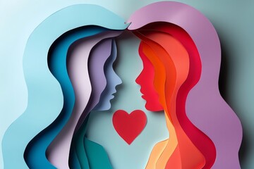 woman and man head, love, paper illustration, multi dimensional colorful paper cut craft
- 784294405