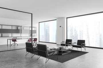 Stylish ceo interior with glass workplace and rest zone, panoramic window