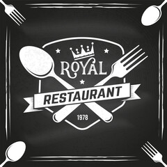 Royal Restaurant shop, menu on the chalkboard. Vector Illustration. Vintage graphic design for logotype, label, badge with crown, fork and spoon. Cooking, cuisine logo for menu restaurant or cafe. - 784294422