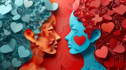 woman and man head, love, paper illustration, multi dimensional colorful paper cut craft
- 784294492