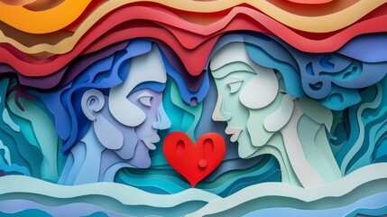woman and man head, love, paper illustration, multi dimensional colorful paper cut craft
- 784294653