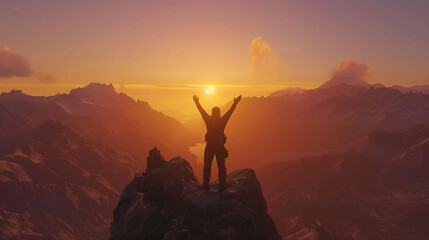 Triumphant Person Celebrating on Mountain Peak at Sunrise