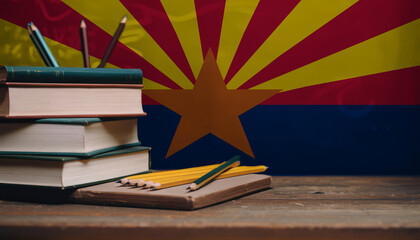 Books and pencils in classroom on the background of the Arizona flag. Concept of education, back to school